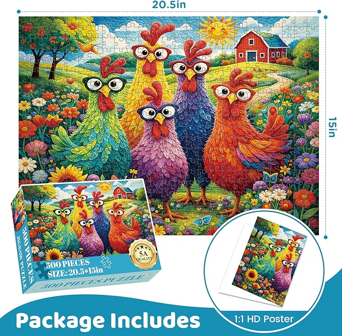 Puzzles for Adults 500 Pieces,Colorful Chicken Puzzle for Adults,Garden Farm Flower Animal Rooster Themed Jigsaw Puzzle for Seniors,Patchwork Art Challenge Puzzle & Holiday Party Gifts,20.5x15 in