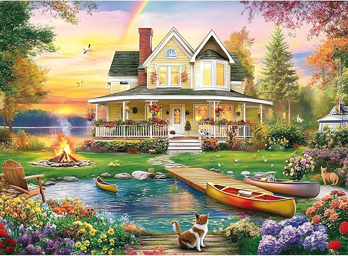 300 Piece Puzzle for Adults, Large Piece Elderly Jigsaw Puzzle, Lakeside Villa with Cat and Garden, Family Kids and Adults Fun Gift, 20.5x15 in