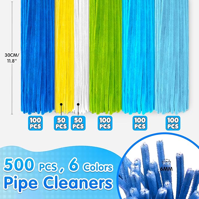 LINAYE 500 PCS Pipe Cleaners Craft, 6 Colors Pipe Cleaners Flowers Kit, Chenille Stems for Crafts with Instruction Wrapping Paper, Flower Stamens, Stems Art and Craft Supplies Blue