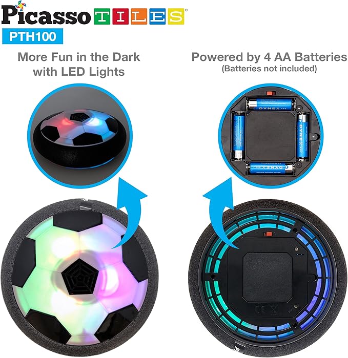 PicassoTiles Hoverball Air Hockey Soccer Floating Disc with LED Light Airlift Power Soft Bumper Indoor Gliding Toy Battery Operated Movement Training Game for Physical Activity Kids Age 3 Plus PTH100