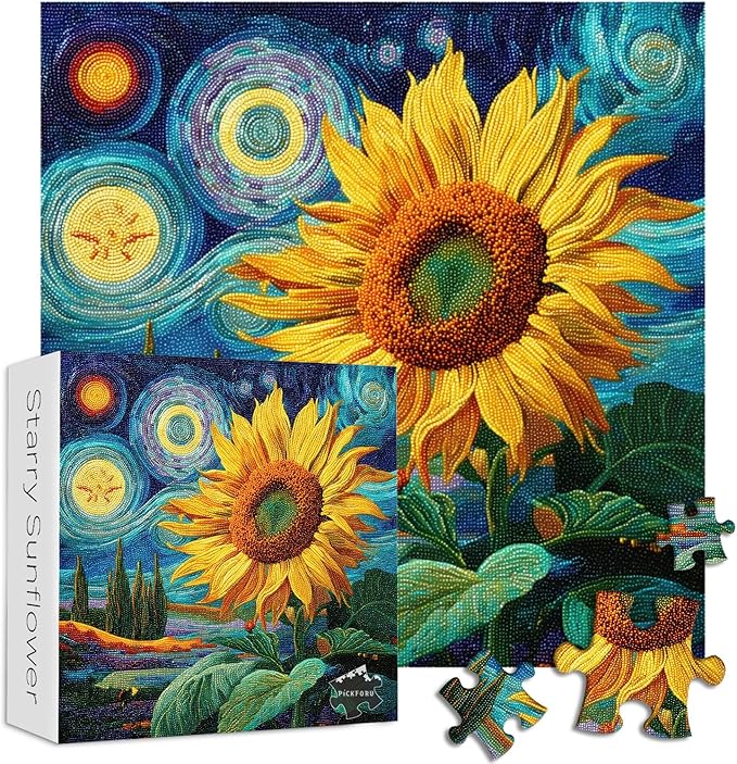 Sunflower Puzzles for Adults 1000 Pieces, PICKFORU Nature Flower Puzzle Starry Night, Impossible Hard Plant Floral Art Theme, Challenging for Adults