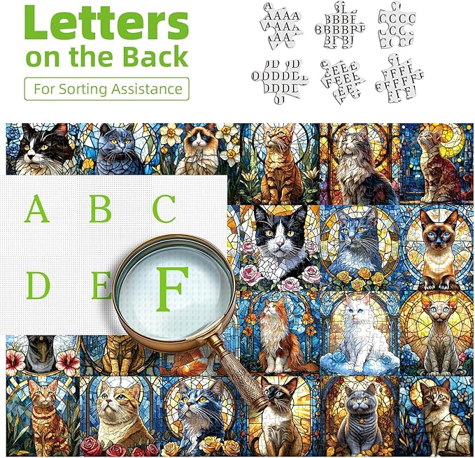 Blueforest 1000 Piece Puzzle for Adults - Stained Glass Cats Mosaic Art Jigsaw Puzzle with Poster, Game Night Gift (27.6x19.7 Inch)