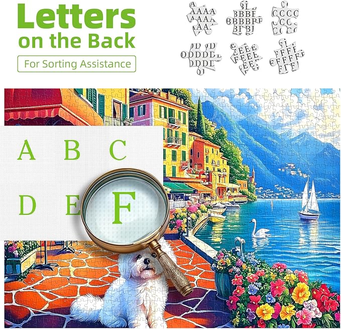 500 Pieces Puzzles for Adults, Lakeside Town - Seaside City Cafe with Dog Clearance Jigsaw Puzzle for Party Game Family Decoration Gifts, Finished Size 23" x 15"