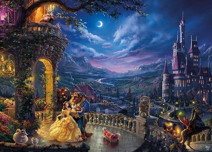 Ceaco - Thomas Kinkade Disney Beauty & The Beast Dancing in The Moonlight 1000 Piece Jigsaw Puzzle, Made in USA, Premium Recycled Board, Full-Color Poster