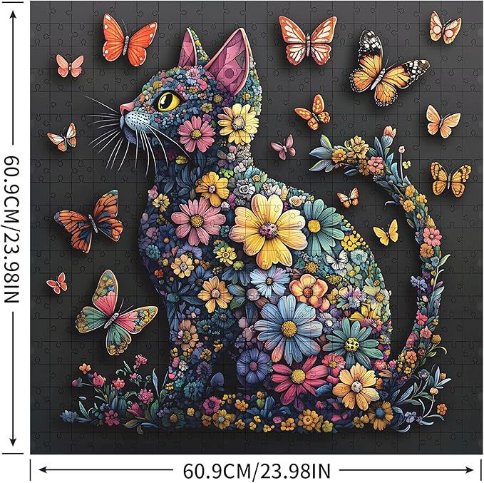Cat 1000 Piece Puzzle for Adults, Butterfly Jigsaw Puzzles, Black Cat Flower Puzzle for Home Decor, Finished Size 23.98 * 23.98", with 1:1 Poster, Letter on The Back