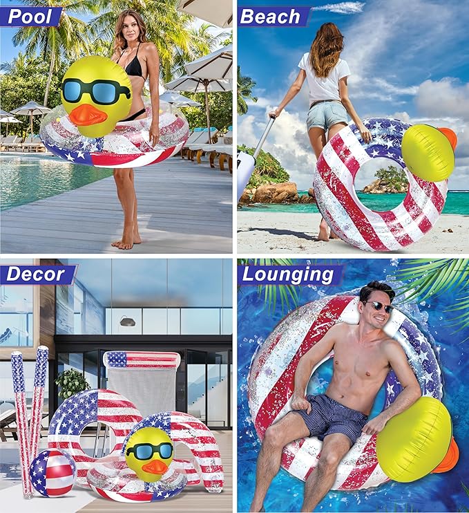 POZA Inflatable USA Pool Float - Luxurious Fun Lounger Filled with Sparkle Silver Stars Confetti, Cool USA Flag Design Water Swimming Pool Floaties for Beach, Lake & Pool