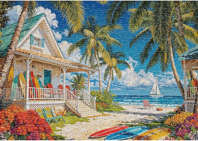 500 Piece Puzzles for Adults, Beach Cottage Puzzles for Adults 500 Pieces, Summer Beach Leisure Jigsaw Puzzles, Challenging Ocean Jigsaw Puzzle as Home Decor