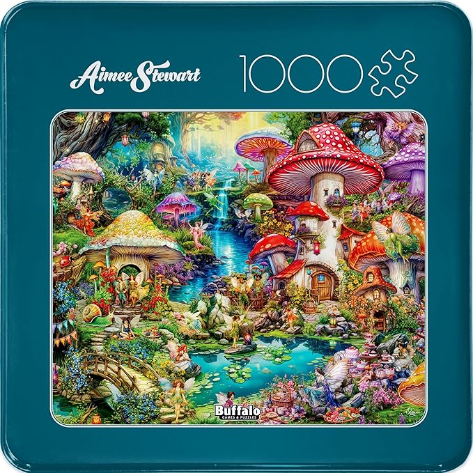 Buffalo Games - Merry Mushroom Village Picnic - Aimee Stewart - 1000 Piece Jigsaw Puzzle in Premium Collector’s Tin - Fun Challenge for Adults & Families