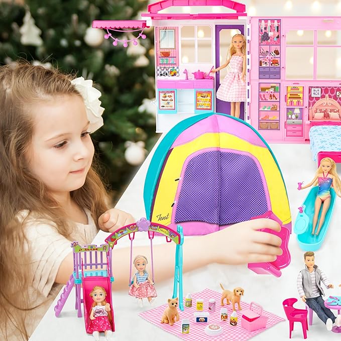 Style Shine Doll House Portable & Foldable Dollhouse w/ 60+ Pcs & 2 Dolls, Play House Toy with Bedroom Kitchen Furniture Camping Playset, Playhouse Birthday Gift for Girl Kid Toddler