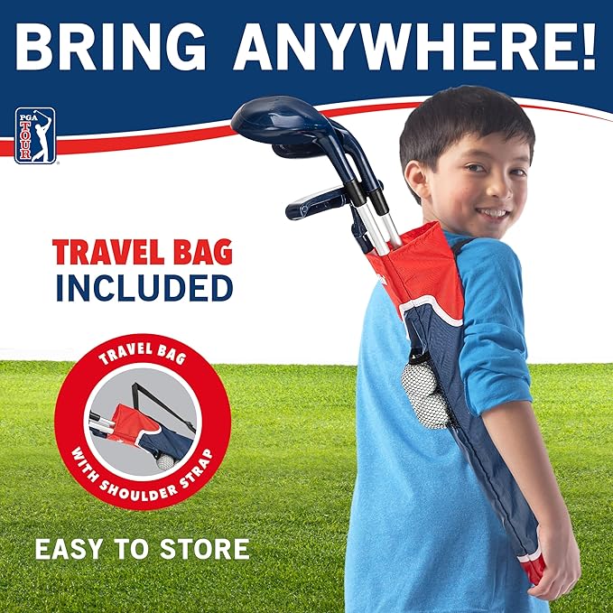 Franklin Sports PGA Tour Kids' Plastic Golf Clubs Set - Youth Toy Plastic Clubs + Bag - Kids' Golf Set with Bag + Balls - Adjustable Length for Boys + Girls - Red + Blue