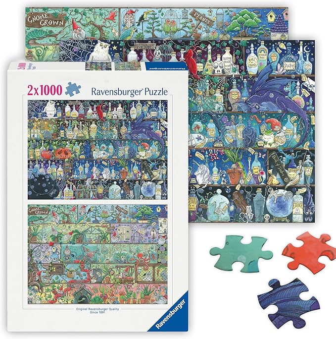Ravensburger - Magic Shelves by Zoe Sadler - 2 x 1000 Piece Jigsaw Puzzle - #1 Vivid Colors of Mysterious Potions - #2 Quaint, Mischievous Garden Gnomes - Puzzles for Adults