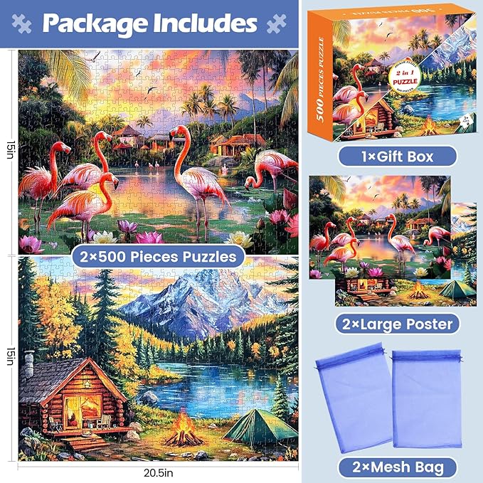 2 Pack 500 Pieces Puzzle for Adults,Snow Mountain Flamingo Jigsaw Puzzles 500 Pieces for Adults Seniors Adult Jigsaw Puzzles Games Premium Cardboard Puzzle for Relaxation Family Activity