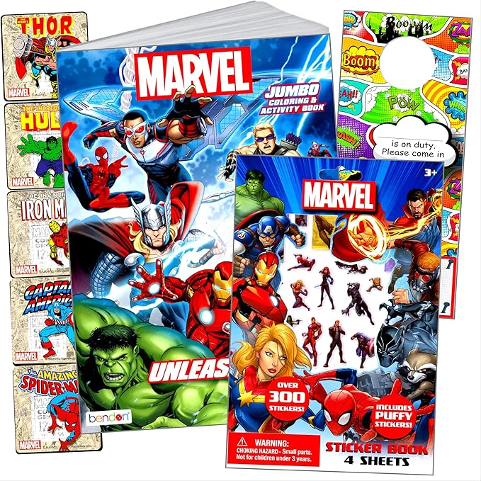 Bendon Avengers Coloring Book Set with Avengers Stickers, Coloring Pages, Reward Sticker Set, and Superhero Door Hanger (Avengers Classic)