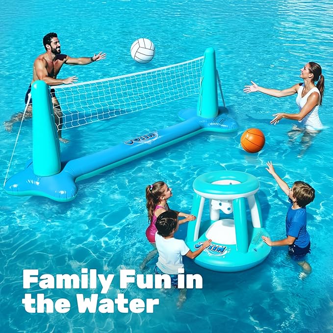 JOYIN Inflatable Pool Float Set Volleyball Net & Basketball Hoops, Floating Swimming Game Toy for Kids and Adults, Summer Floaties, Volleyball Court (105”x28”x35”)|Basketball (27”x23”x27”),L-Blue