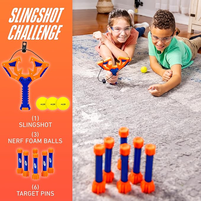 Nerf Slingshot Challenge - Kids Slingshot Bowling Game Set - Toy Target Game for Kids - Foam Ball Shooter Balls Included - Fun Toy for Boys + Girls