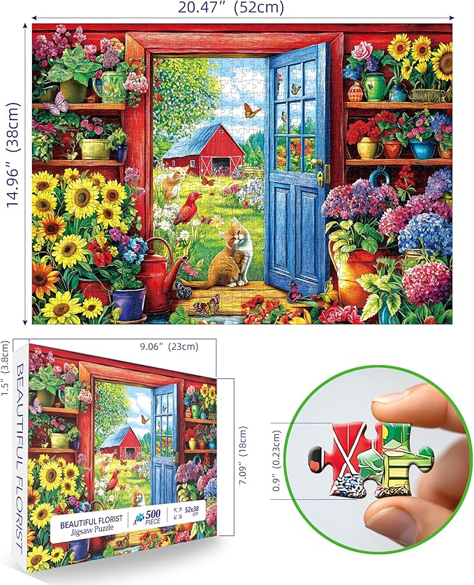 MINIWAN 500 Piece Puzzles for Adults - Farm Cat Sunflower Jigsaw Puzzle, 23x15 Inches with Unique Irregular Shaped Pieces for Relaxation & Home Wall Decor