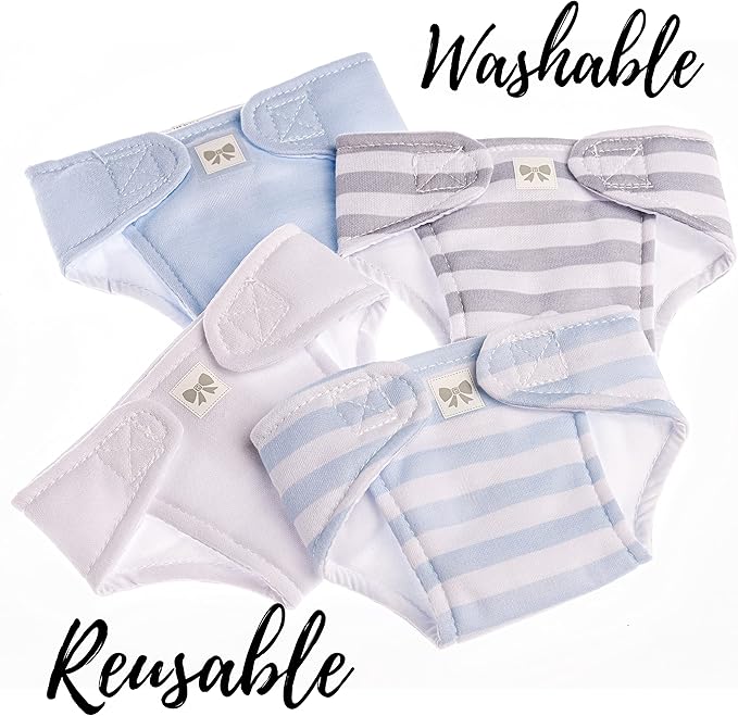 JC Toys Baby Doll Washable and Reusable Eco Diapers 4 Pack Fits Dolls 14 to 18 inch in Blue/White/Grey