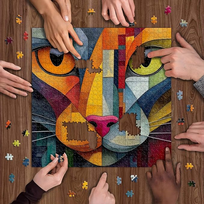 Colorful Abstract Cat Puzzles for Adults 1000 Pieces, Geometric Kitten Face Jigsaw Puzzle, Impossible Difficult Hard Challenge for Adults, Modern Home Wall Decor Art