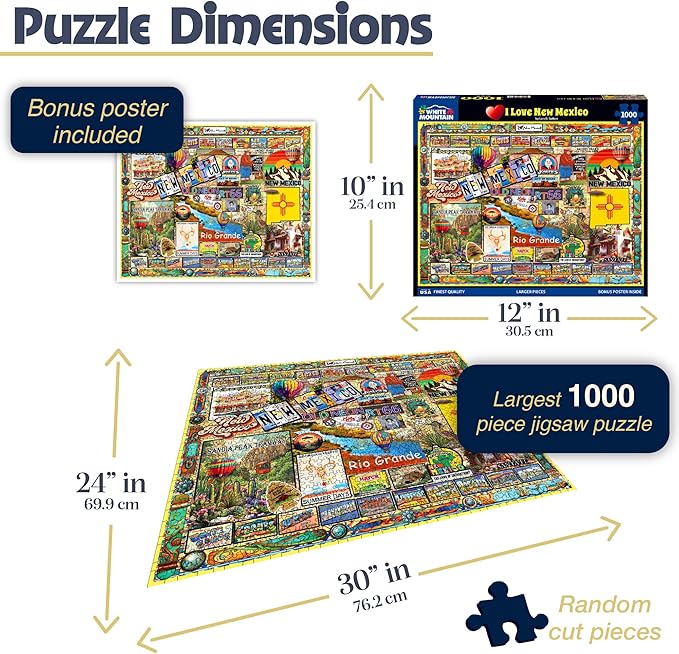 White Mountain 1000 Piece Jigsaw Puzzle Land of Enchantment State Puzzles with Large Pieces, Gift for Adults and Family 24"x30" - I Love New Mexico