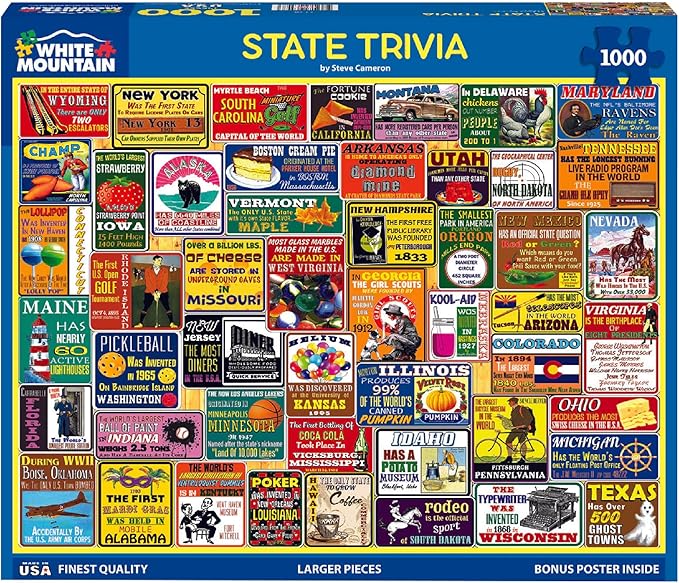 White Mountain 1000 Piece Jigsaw Puzzle Funny States Collage Puzzles with Large Pieces Gift for Adults and Family 24"x30" - State Trivia