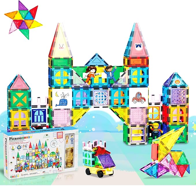PicassoTiles Mega Magnetic Building Block 350 Piece Set Magnet Tile Construction Blocks with Car Base, Character Figures, Markers, Whiteboard, 110+ Page Ideabook Included for Ages 3 Up STEM Learning