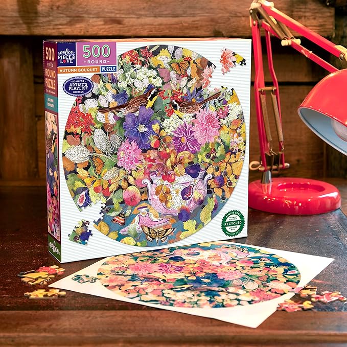 eeBoo 500 Piece Puzzle - Autumn Bouquet Jigsaw Puzzle for Adults, Circular with 23" Diameter Made with Recycled Board & Vegetable-Based Ink