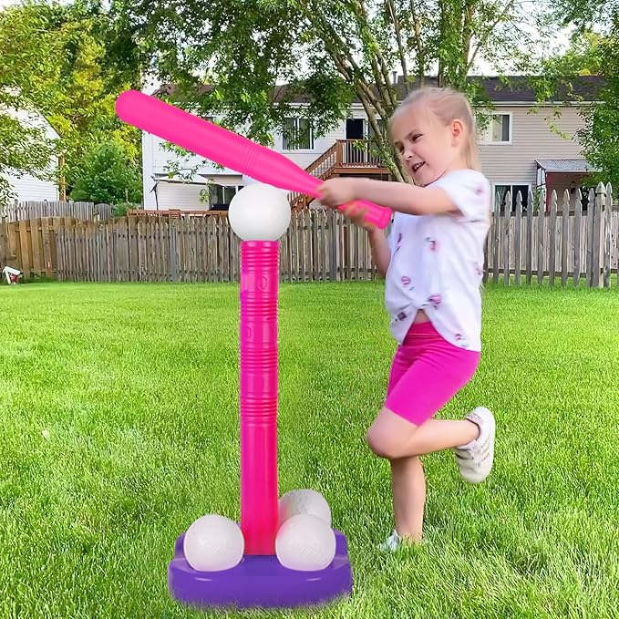 Liberry Tball Set for Toddlers with Adjustable Height Tee Ball Stand, Weighted Base and Kids Baseball Bat, Sports Game Toys Christmas Birthday Gift for Boys Girls Ages 3 4 5 (Pink)