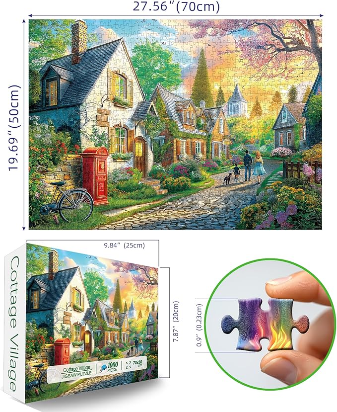 MINIWAN Sunset Spring English Country Village Lane Puzzles for Adults 1000 Pieces, Cozy Cottage Town with Family Walk Jigsaw Puzzle, Gift for Countryside & Cottagecore Lovers 27.5x19.7 Inch