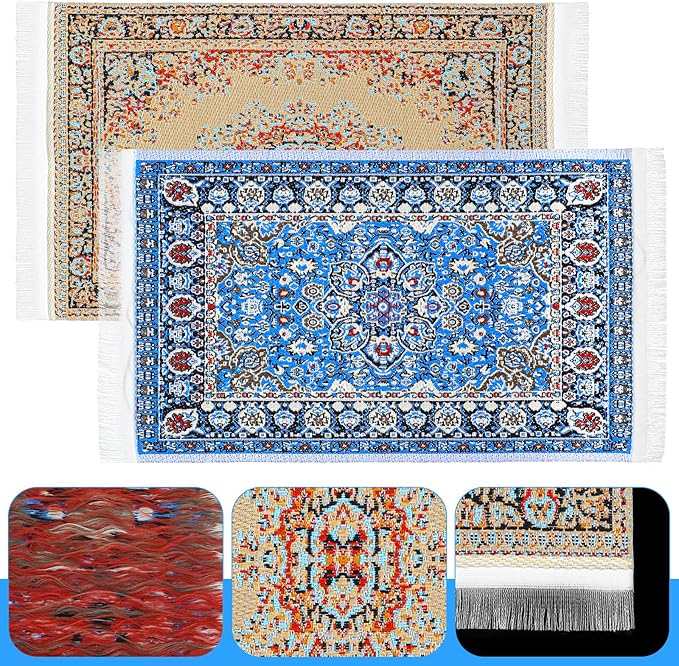 Dollhouse Rug 2 PCS Miniature Dollhouse Accessories 1:12 Scale Vintage Doll House Rugs Woven Mini Rug for Dollhouses Furniture Blue & Yellow Floral Print Carpet for Doll House Floor Decor