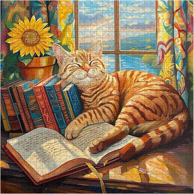 Cat Puzzles for Adults 1000 Pieces, PICKFORU Animal Kitten Jigsaw Puzzles Funny Sleep Kitty, Difficult Unique Book Puzzle for Cat Lovers