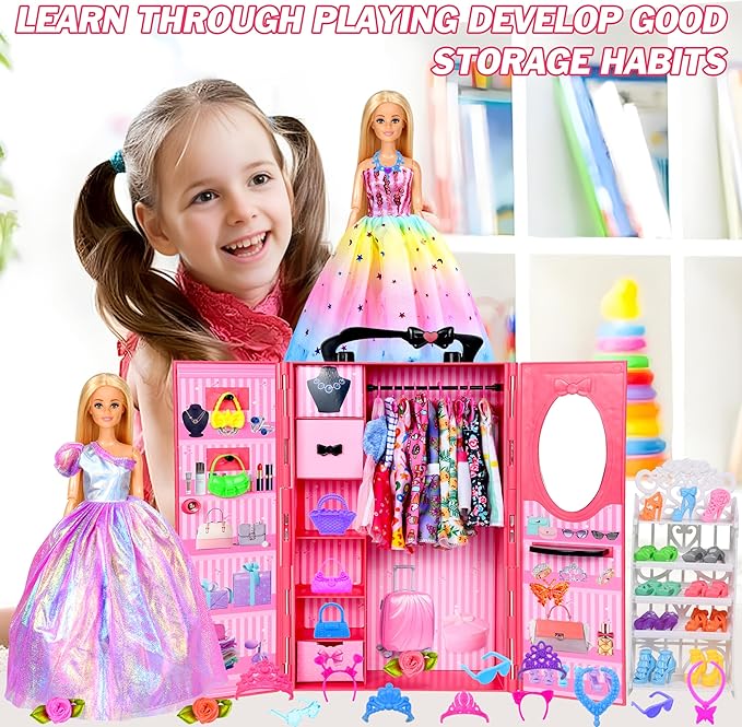 150 Pcs Doll Clothes and Accessories Playset with Dolls for Girls, Princess Gowns, Fashion Dresses, Swimsuits, Tops, Pants, Shoes, Bags Jewelrys in Closet for Doll Dress Up Fit for 11.5" Dolls