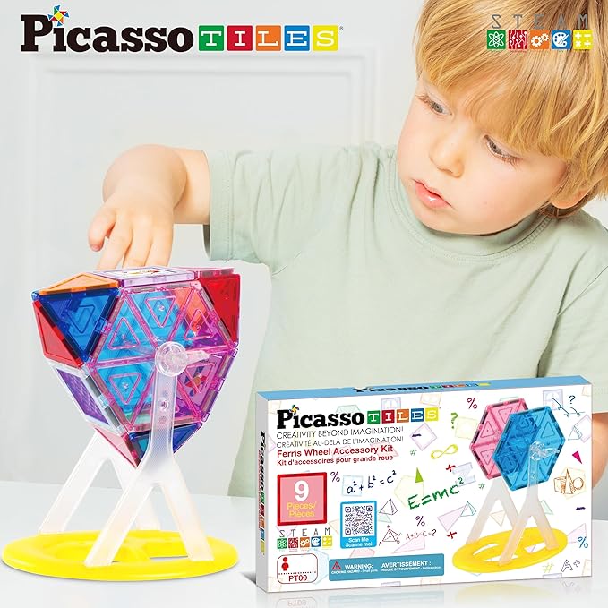 PicassoTiles Magnet Tile Building Blocks Ferris Wheel Amusement Rotating Accessory Kit Compatible with Full Sized Magnetic Tiles Construction Toy Set Education STEM Learning 3D Toddler Kid Age 3+ PT09