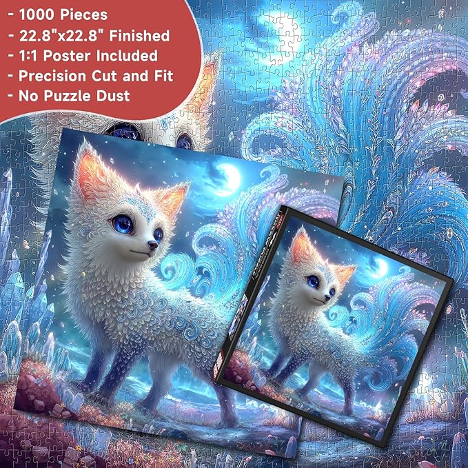Enchanted Crystal Nine-Tailed Fox 1000 Piece Puzzle for Adults - Fantasy Mythical Creature, Moonlit Forest, Poster & Lettered Back, 22.8" Square HD, Gift for Myth Lovers