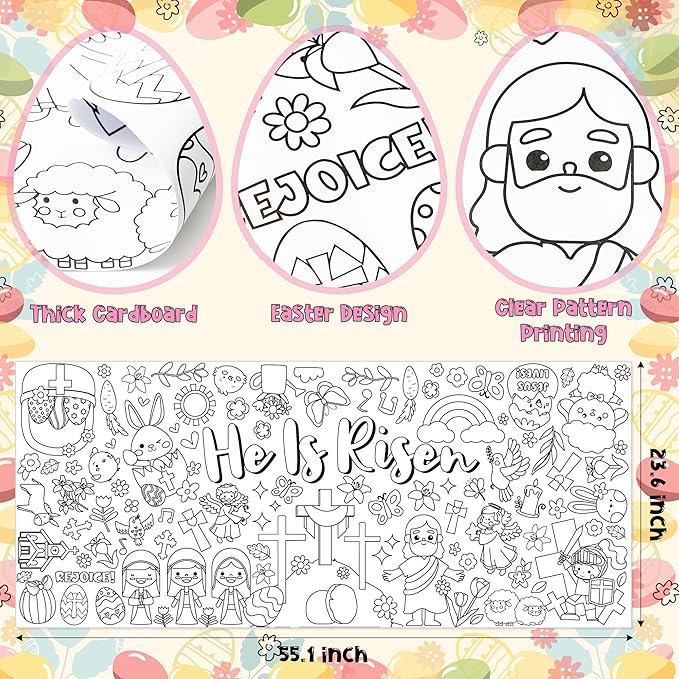 Easter He is Risen Giant Coloring Poster for Kids Huge Religious Theme Blank Paper Banner Large Coloring Table Cover for Classroom Home Party DIY Art Craft Activity Supplies Favor 55 x 23.6 in