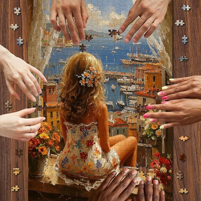Mediterranean Coastal View Jigsaw Puzzle for Adults 1000 Pieces - Dreamy Vacation Scene with Woman & Terracotta Town, 28”x20” Panoramic, Lettered Back, Premium Home Decor & Travel Gift