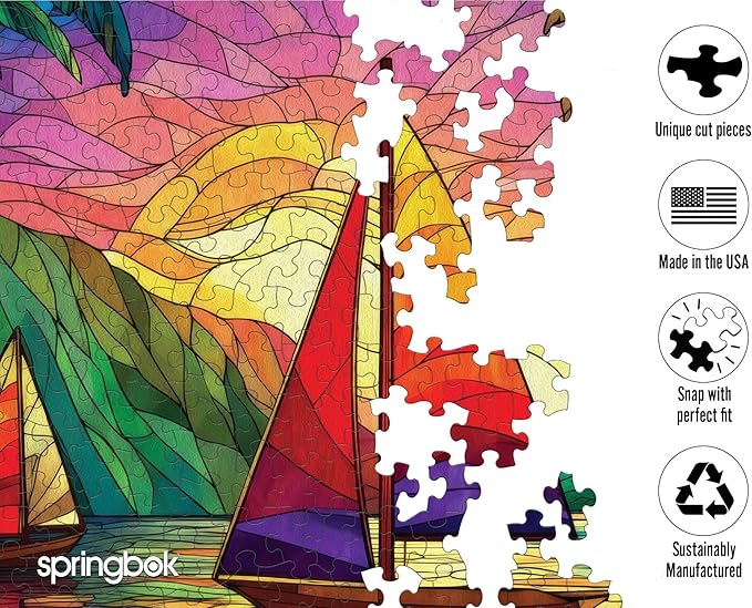 Springbok Tropical Sailing 500 Piece Square Jigsaw Puzzle for Adults - Poster Now Included - Stained Glass Sail Boat - Unique Cut Pieces - Made in USA