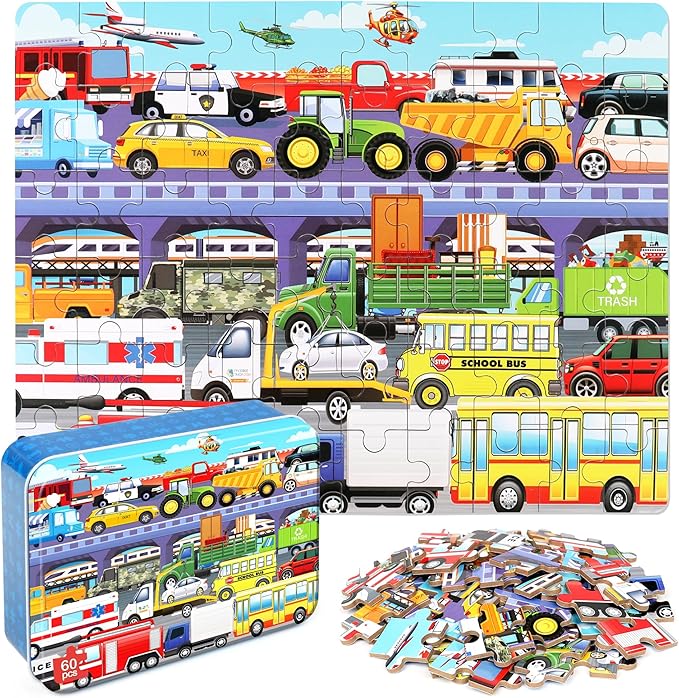 LELEMON 60 Pieces Puzzles for Kids Ages 4-8 Traffic Jam Puzzle for Boys Girls Transportation Vehicles Children Learning Educational Puzzles Portable Box Pack Toys