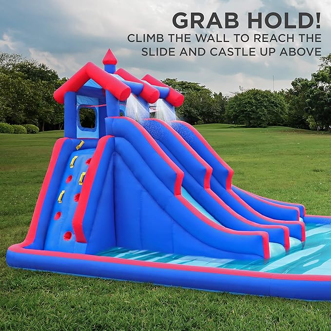 Sunny & Fun Mega Sport Inflatable Water Triple Slide Park – Heavy-Duty for Outdoor Fun - Climbing Wall, 3 Slides & Splash Pool – Easy to Set Up & Inflate with Included Air Pump & Carrying Case