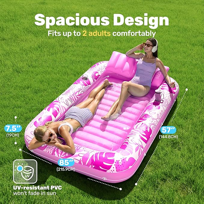 SLOOSH Inflatable Tanning Pool Lounger Float, 85" x 57" Extra Large Pool Floats Adult with Pillow, 4 in 1 Suntan Tub Raft Floatie,Sunbathing Bed Lounge Blow Up Ball Pit Party Gifts, XL-Hot Pink