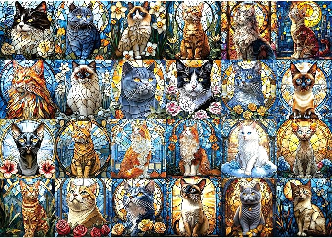 Blueforest 1000 Piece Puzzle for Adults - Stained Glass Cats Mosaic Art Jigsaw Puzzle with Poster, Game Night Gift (27.6x19.7 Inch)
