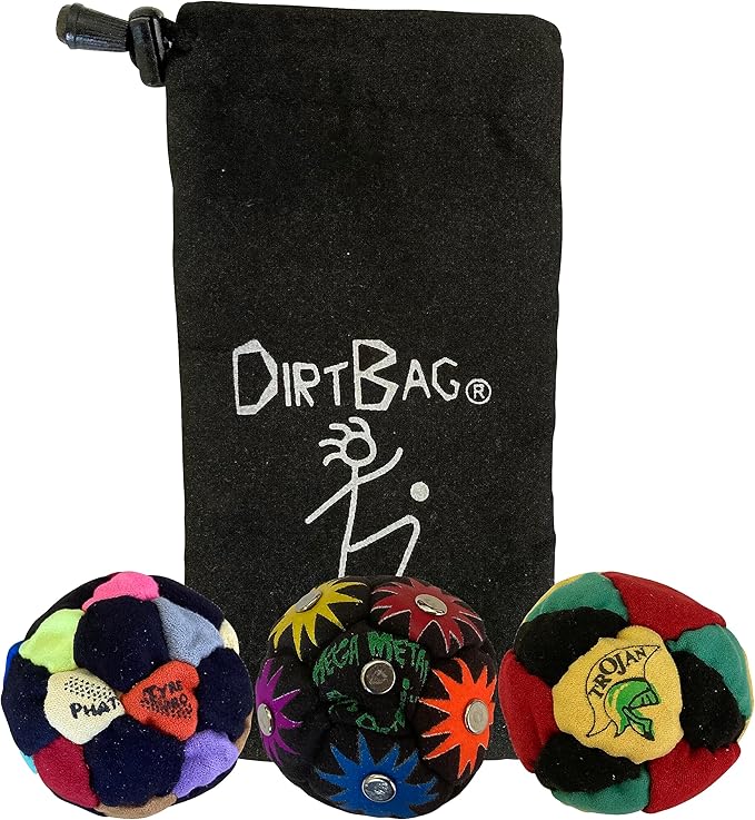 DIRTBAG Lover Footbag 3-Pack with Pouch, Includes Three Original and Unique Premium Quality Hand Sewn Footbags and Carry Pouch.