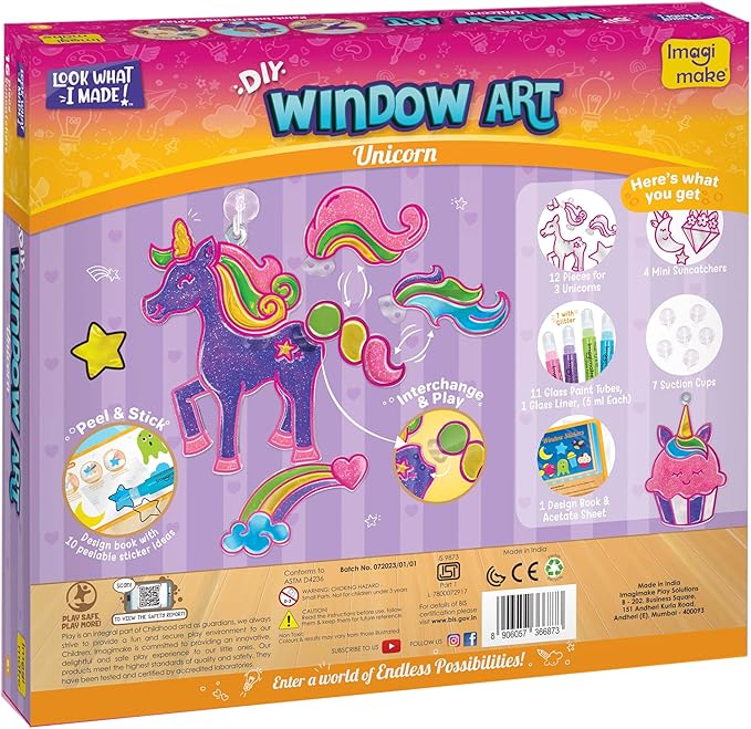 Imagimake Window Art Unicorn | Stained Glass Kit | Unicorn Girls Toys Age 6-8 | 6 Year Old Girl Birthday Gift | Easter Art and Crafts for Girls 8-12 | DIY Suncatcher Kit for 5,6,7,8,9,10,11,12 Year