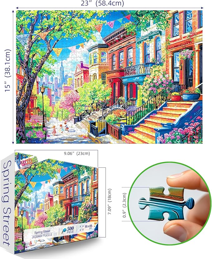 500 Piece Puzzles for Adults, Vibrant Spring Street Colorful Cityscape Jigsaw Puzzle with Letter & High Definition Poster for Family Challenging, Gifts, Party Game, Finished Size 23" x 15"