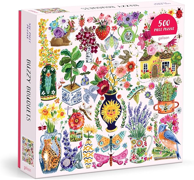 Galison Buzzy Bouquets – 500 Piece Jigsaw Puzzle Featuring Beautiful Artwork of Quirky Flower Vases and Buzzy Insects