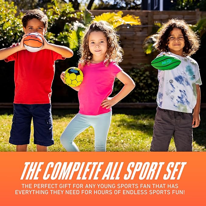 Nerf Mini Foam Sports Ball Set - Foam Football, Soccer Ball + Basketball Soft Sports Toy for Kids