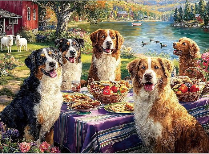 500 Piece Jigsaw Puzzle for Adults – Five Dogs Lakeside Picnic Jigsaw Puzzles 500 Pieces, Spring Nature Animal Puzzles for Adults 500 Pieces, Challenging Perfect for Game Nights, 20.5 X 15 in