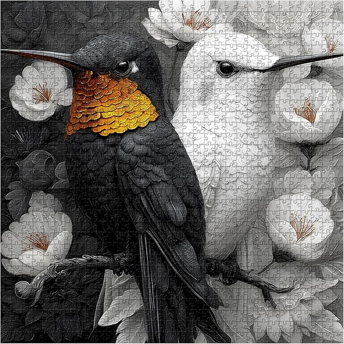 PICKFORU Yinyang Hummingbirds Jigsaw Puzzles 1000 Pieces for Adults, Black White Hummingbird Adult Puzzles, Nature Balance Animal Flowers Puzzle