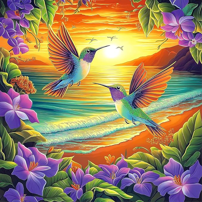 MINIWAN 500 Piece Puzzles for Adults - Hummingbird Sunset Beach Jigsaw Puzzle, 20x20 Inches Vibrant Tropical Nature Large Piece Art Puzzle for Relaxation & Home Decor
