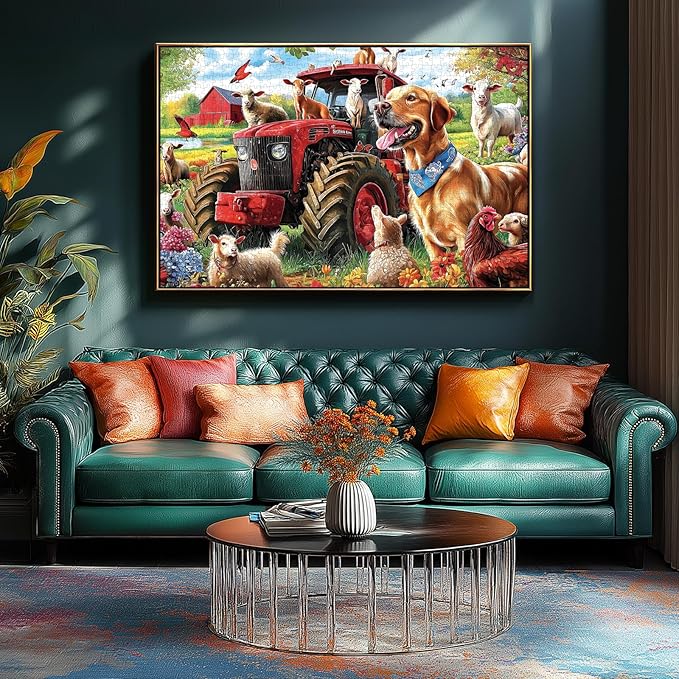 MINIWAN Cozy Country Farm Animals with Golden Retriever Puzzles for Adults 1000 Pieces, Red Tractor Goats Chicken Farm Jigsaw Puzzle, Gift for Farm & Dog Lovers 27.5x19.7 Inch