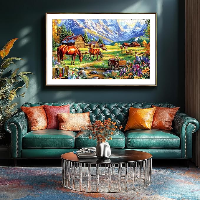 1000 Pieces Jigsaw Puzzles for Adults, Mountain Landscape Puzzles with Grazing Horses and Log Cabin for Adults and Teens Family Challenging for Game Nights (27.5 x 19.7 Inch)